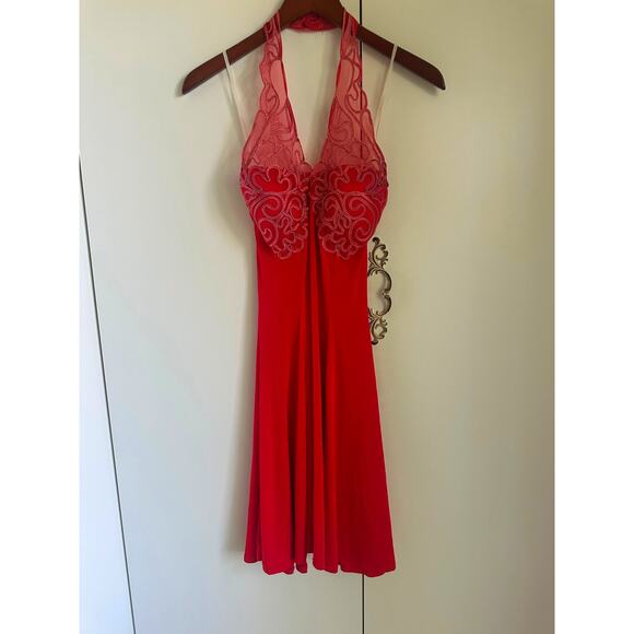 Vintage 90s Red Fit & Flare Dress Size M L Sexy Halter Clubwear Party Dress USA - Picture 2 of 9